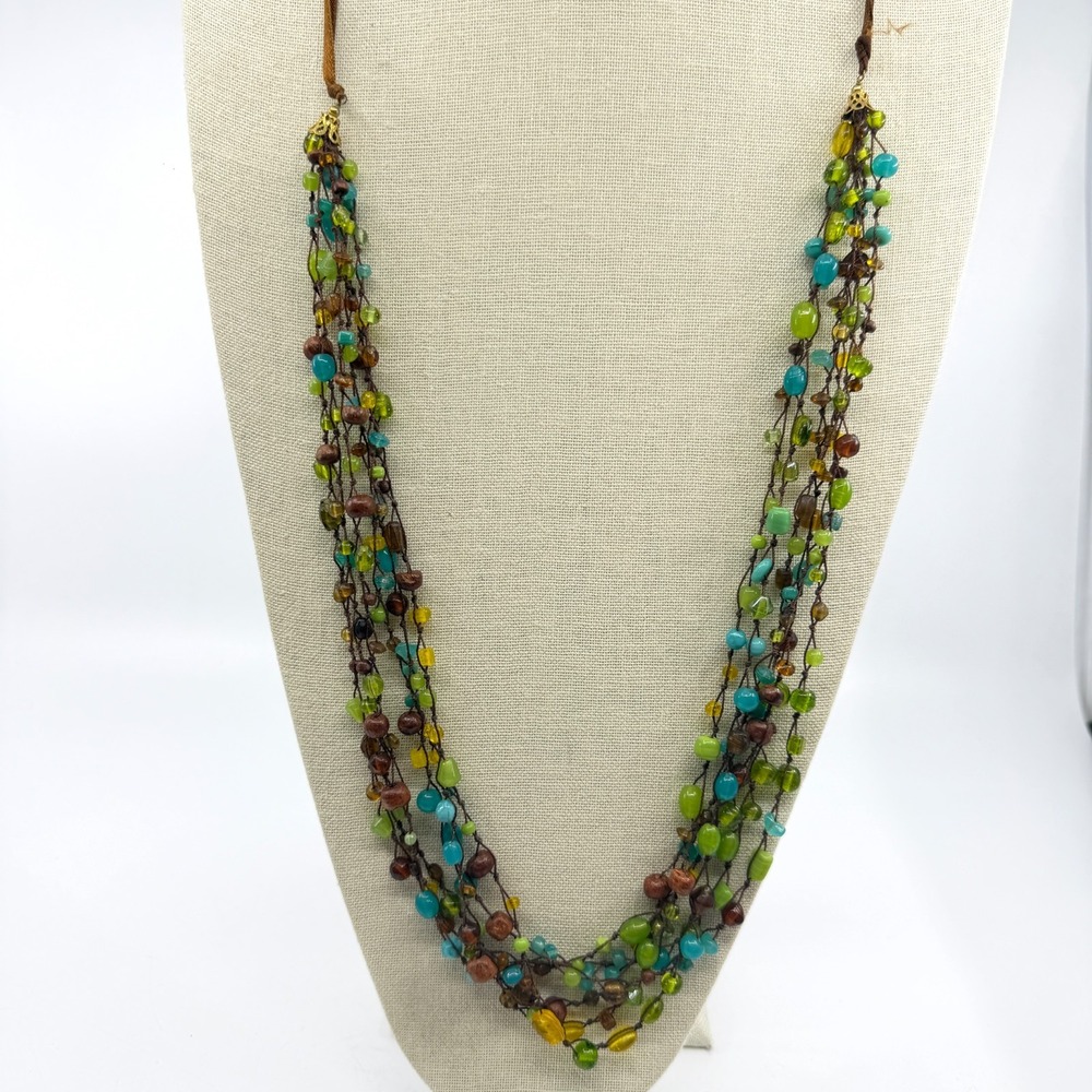 Boho Multi-Strand Statement Necklace Earthy Green Brown Beads Festival Layering